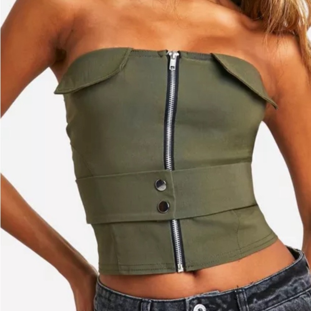 Boohoo army green strapless top